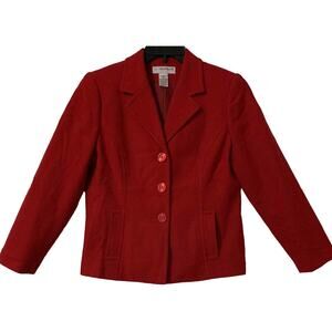 Solid Red Blazer 10P Women 100% Wool Stretch Heritage Christmas Holiday Mom READ